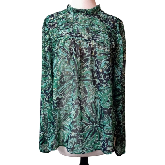 MAISON D'AMELIE Floral Sheer Top M Gold & Green Shirred Yoke Ruffle Blouse NWT - Picture 1 of 9